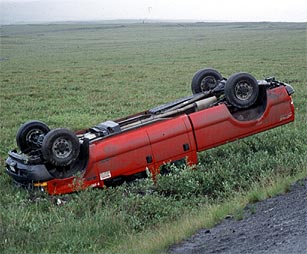 The overturned pickup truck the author discovered on the side of the road, by Nick Lawrence